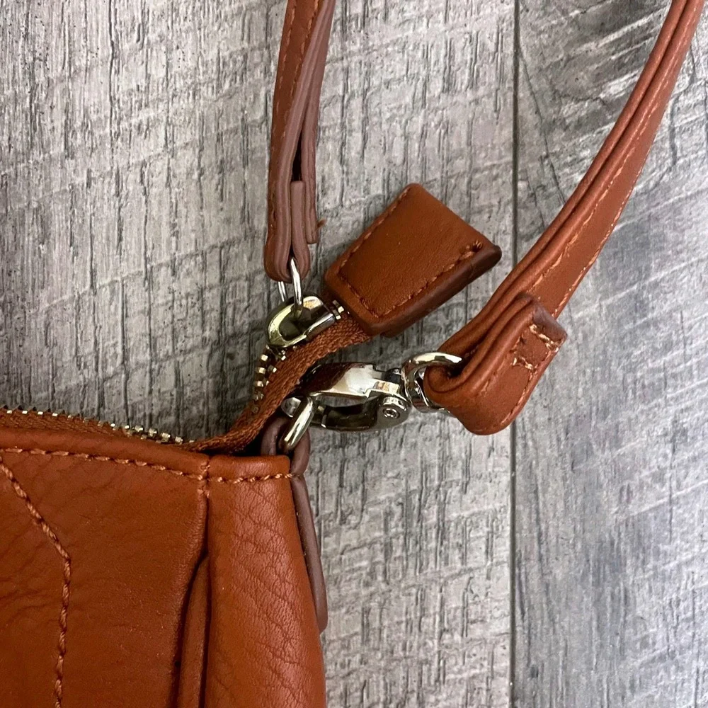 Guess Mini Crossbody Satchel Bag Cognac Brown Pebbled‎ Faux Leather Lining